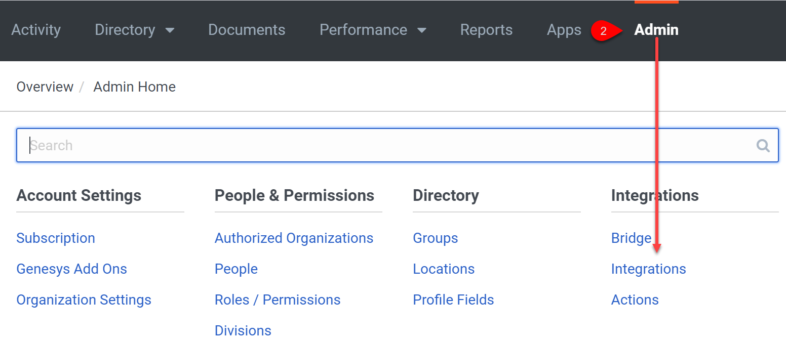 Admin integrations menu