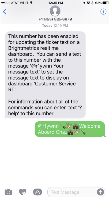 Initial SMS text from Brightmetrics ticker