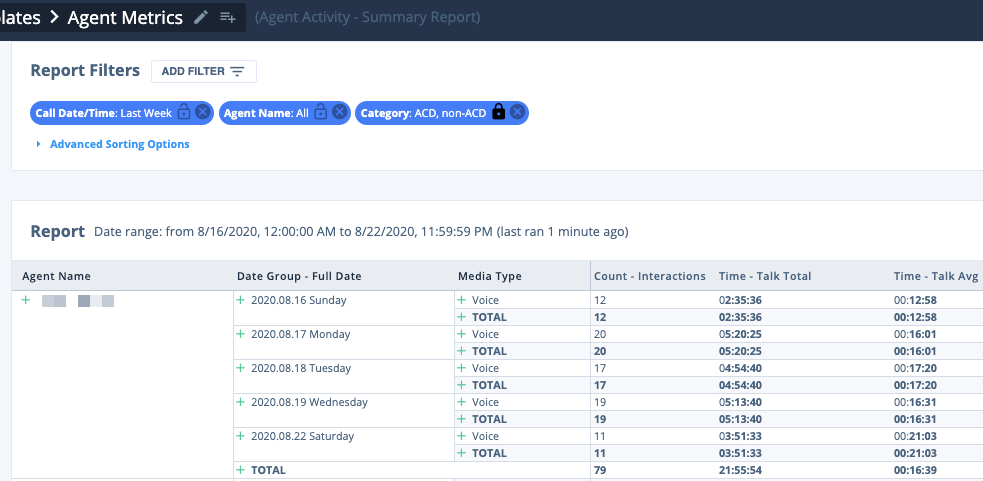 Agent Metrics summary report example