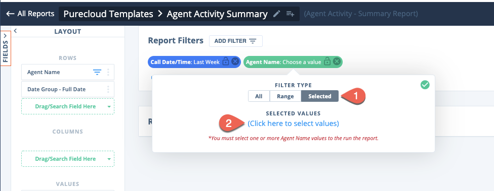 Agent Name filter with Selection criteria options
