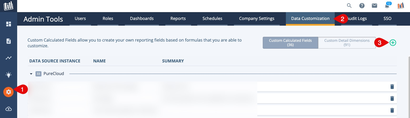 Admin Tools icon, Data Customization tab, and green plus icon