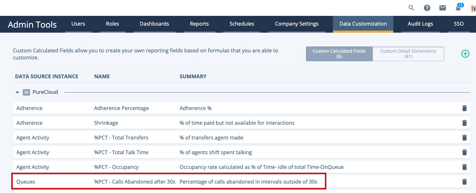 New custom calculated field listed on the Data Customization home page