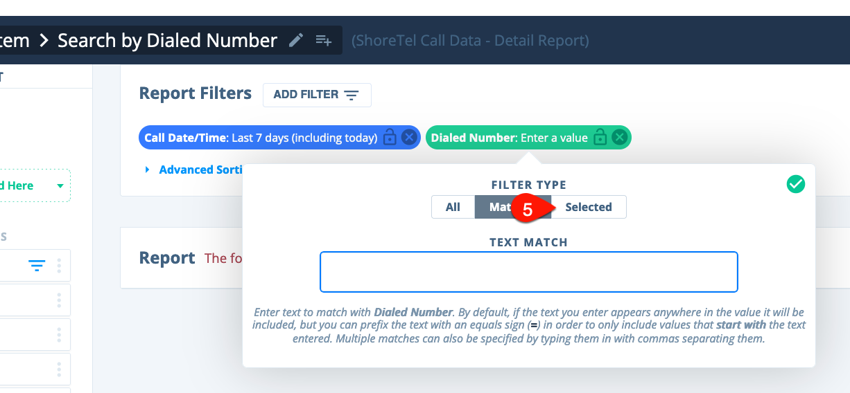 Dialed Number filter input