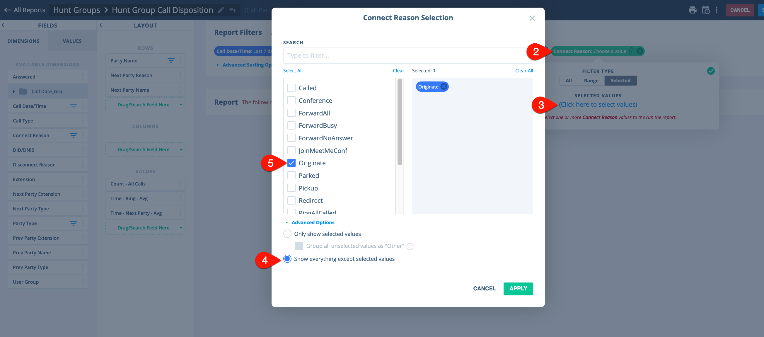 Connect Reason filter set to exclude Originate