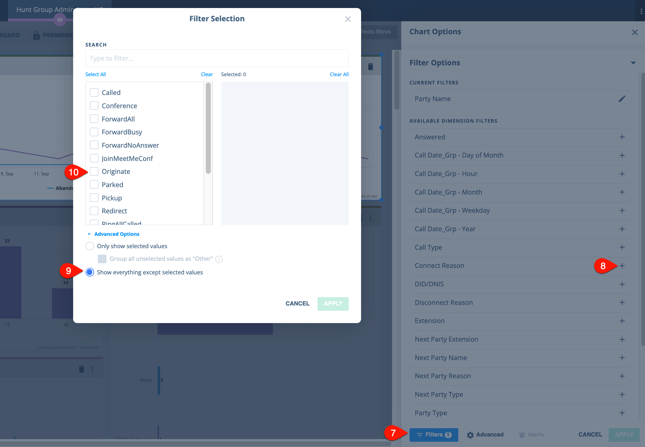 Connect Reason filter in chart options