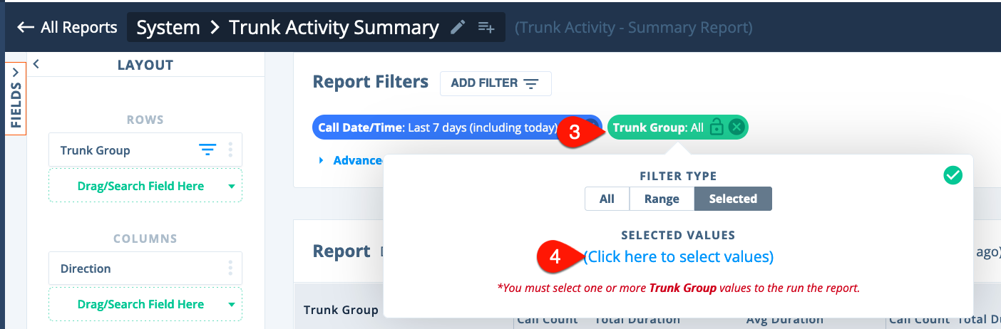 Trunk Group filter selection popup